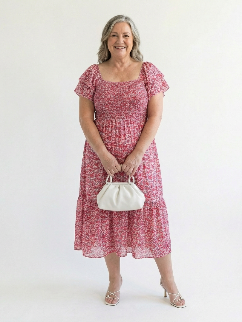 Odette | Robe Midi Smockée à Fleurs à Épaule Dégagée