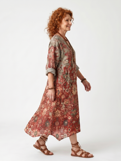 Safran | Robe Midi Relaxed à Poches et Motifs Mixtes