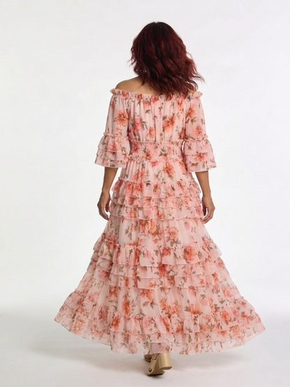 Rosalie | Robe Maxi à Volants Fleurs Décolleté Bardot