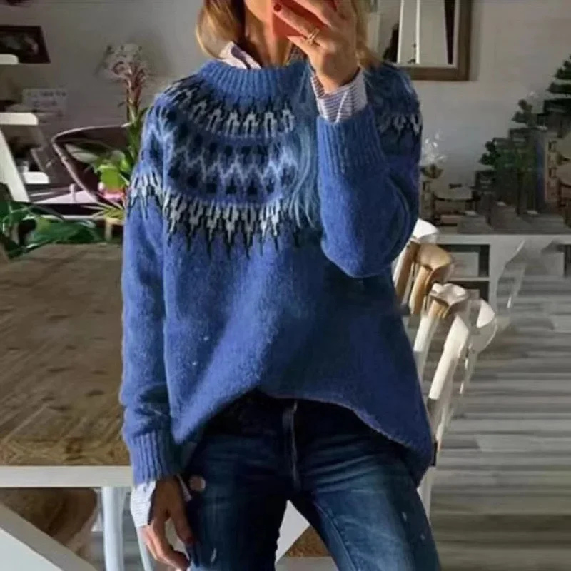 Aiméline | Pull Femme Hiver en Gros Tricot avec Motifs Tribaux & Col Rond