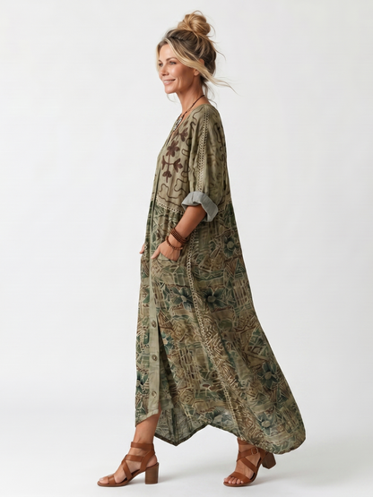 Aleta | Robe midi oversize à poches brodées et bouton sur le devant
