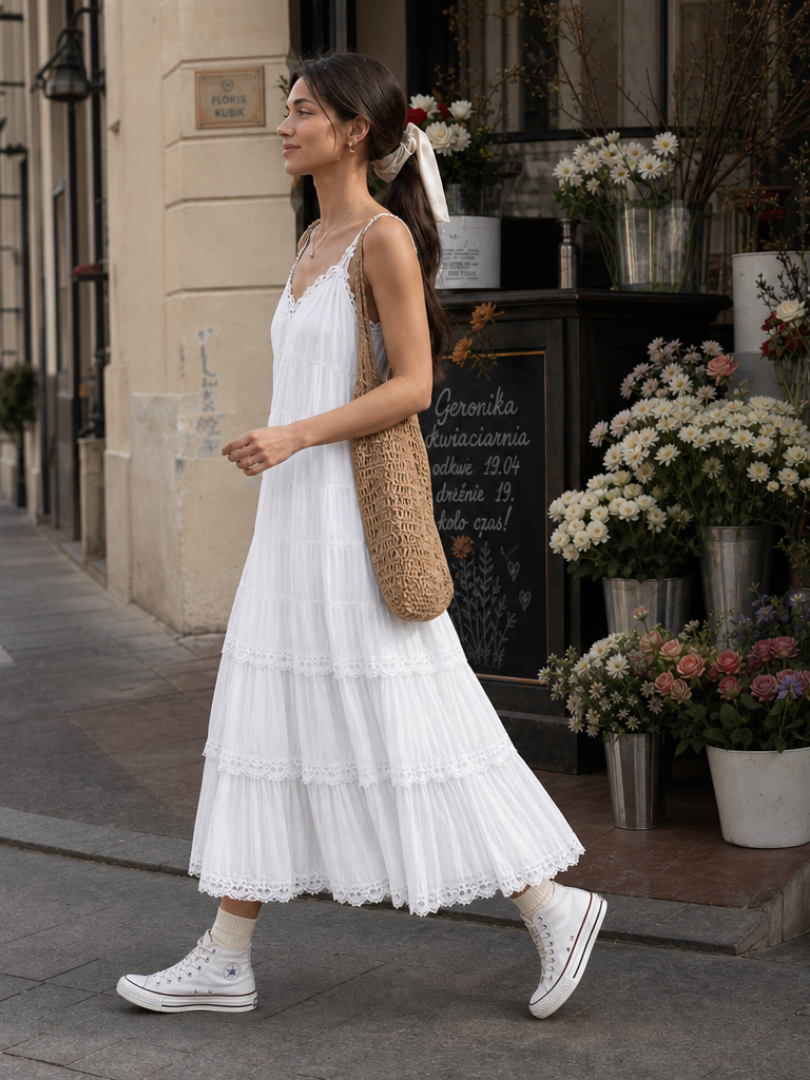 Lorelei | Robe Midi à Bretelles Spaghetti avec Couches en Dentelle Étagées