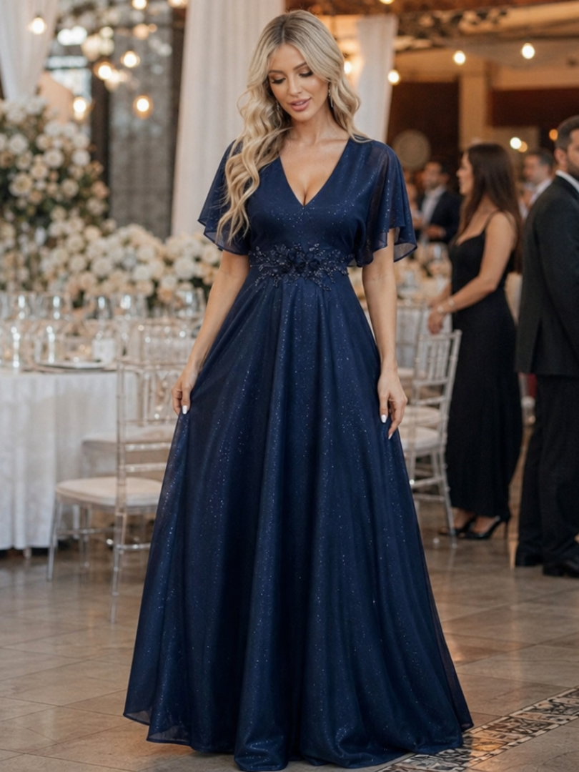 Orelia | Robe Maxi Fluide à Manches Courtes et Col V