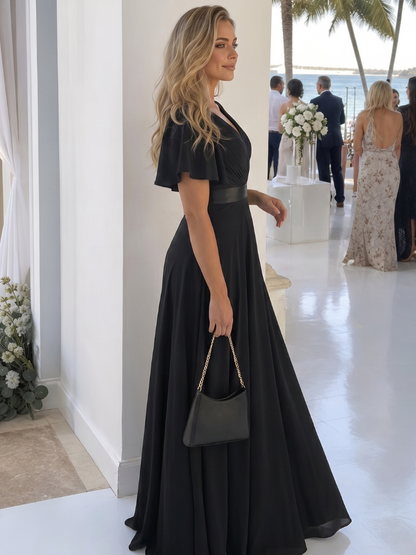 Mige | Robe Maxi à Manches Courtes en Flutter avec Taille Définie