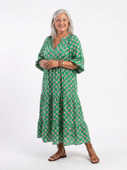 Fiora | Robe midi à volants avec imprimé floral en V