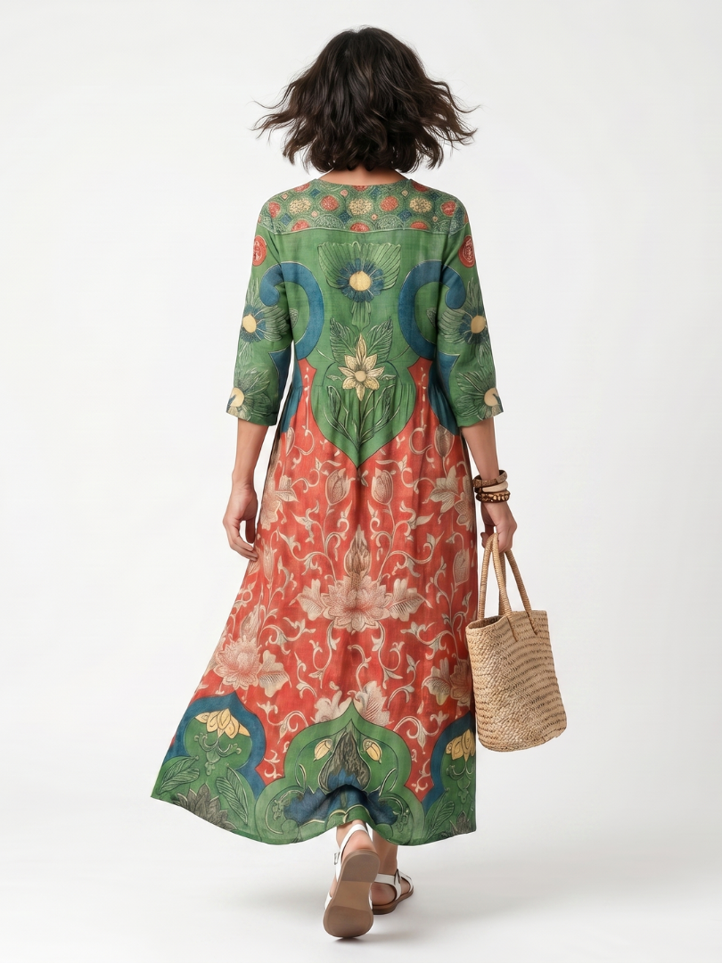 Sloane | Robe Midi à Imprimé Mixte avec Col V et Poches