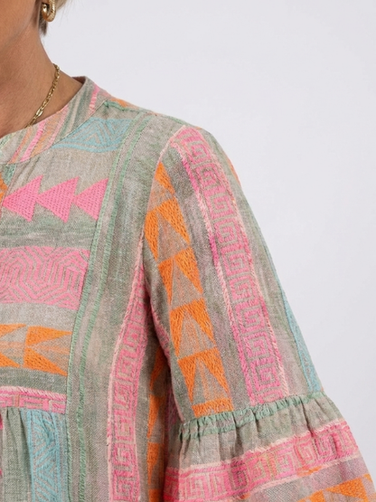 Maelle | Robe à Imprimé Géométrique avec Décolleté en V et Jupe Étagée à Longueur Genou