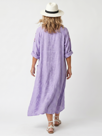 Tavi | Robe Midi Oversize à Poches avec Broderie Florale