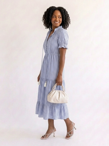 Dakota | Robe Midi à Manches Courtes Rayée à Volants