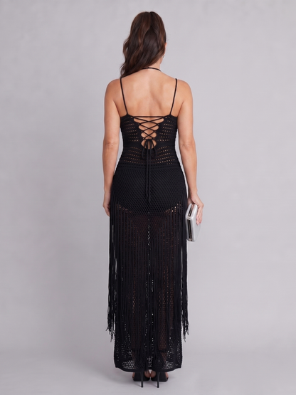 Zephyra | Robe Maxi à Décolleté Halter et Détails en Frange