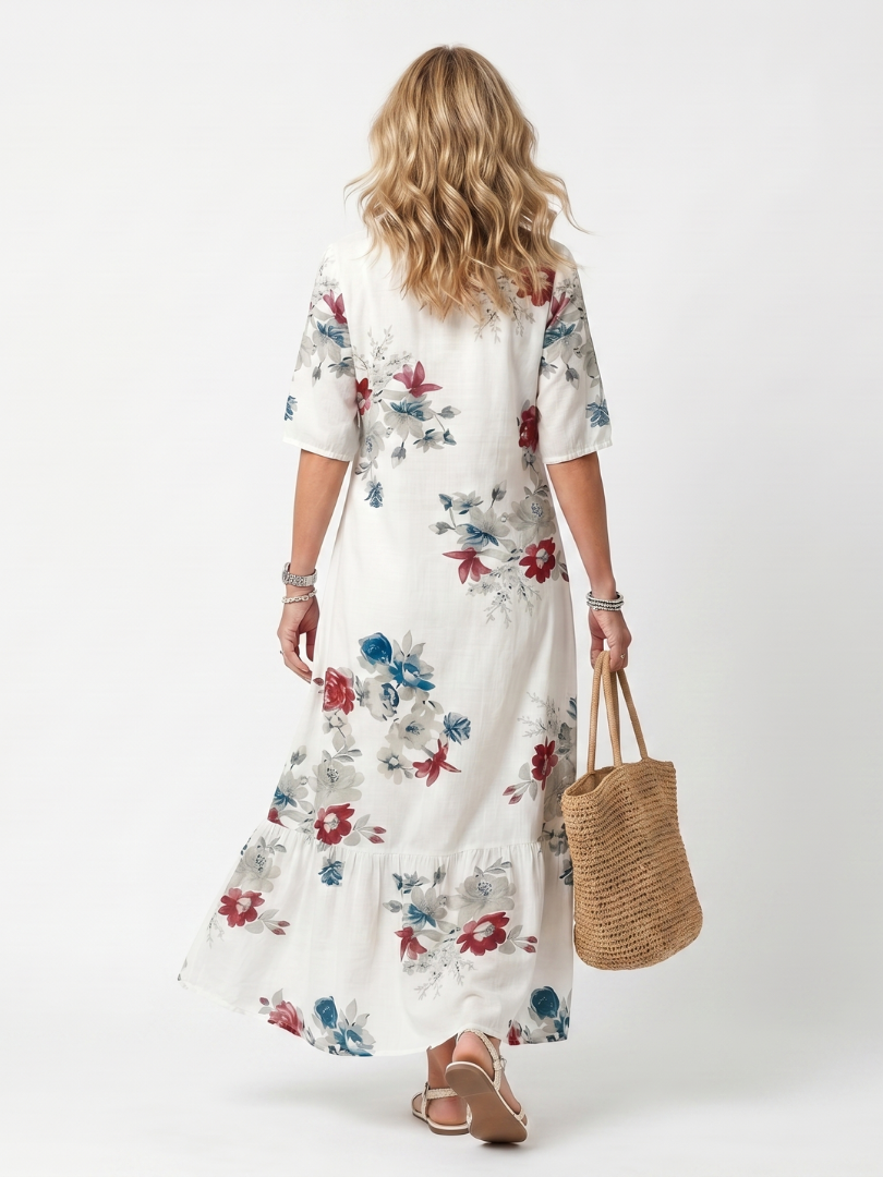 Maeva | Robe Midi à Fleurs Éparpillées avec Franges