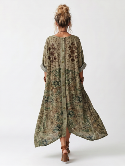 Aleta | Robe midi oversize à poches brodées et bouton sur le devant