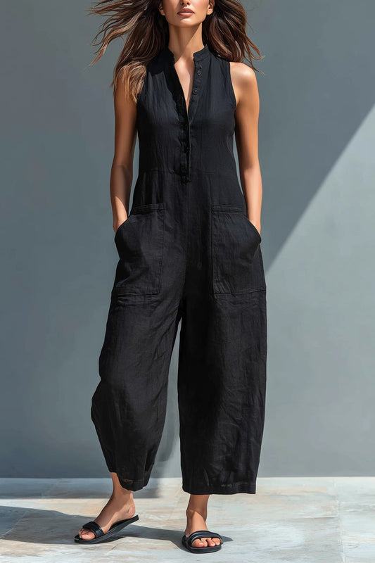 Eloïse™ | Combinaison minimaliste sans manches pour femme, avec col montant et patte boutonnée