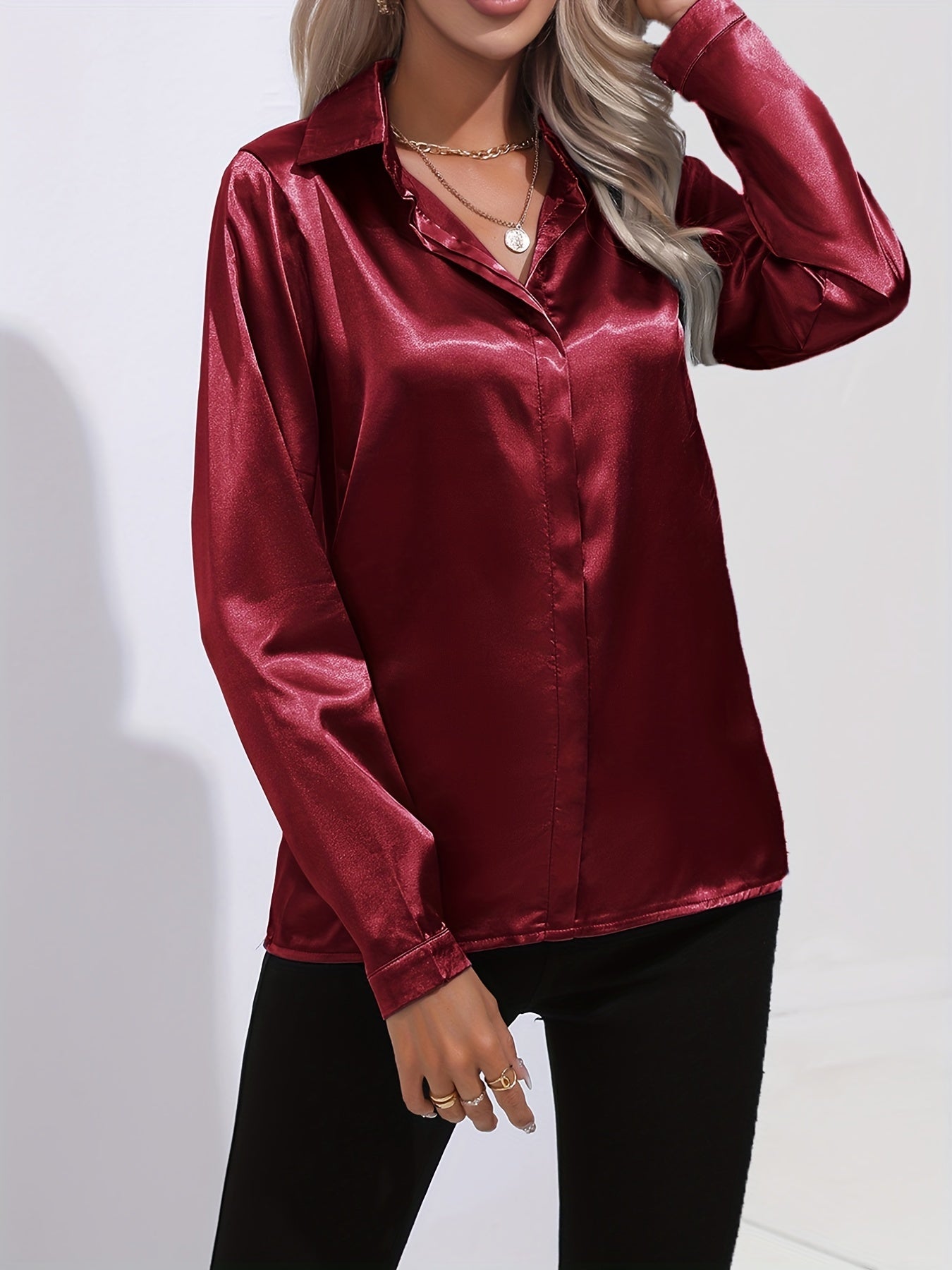 Ardeline | Blouse Satinée Femme Unie Col Revers Boutonnée Manches Longues