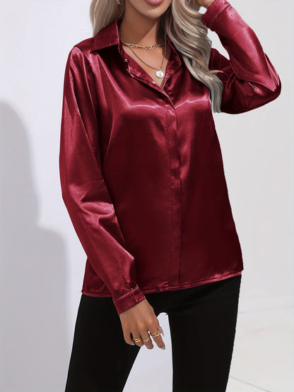 Ardeline | Blouse Satinée Femme Unie Col Revers Boutonnée Manches Longues