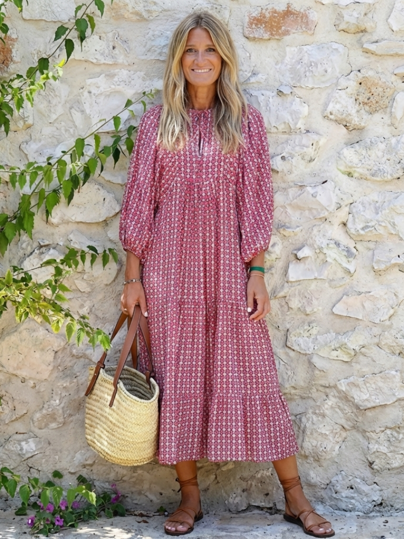 Arlette | Robe Midi à Imprimé Géométrique à Manches Longues