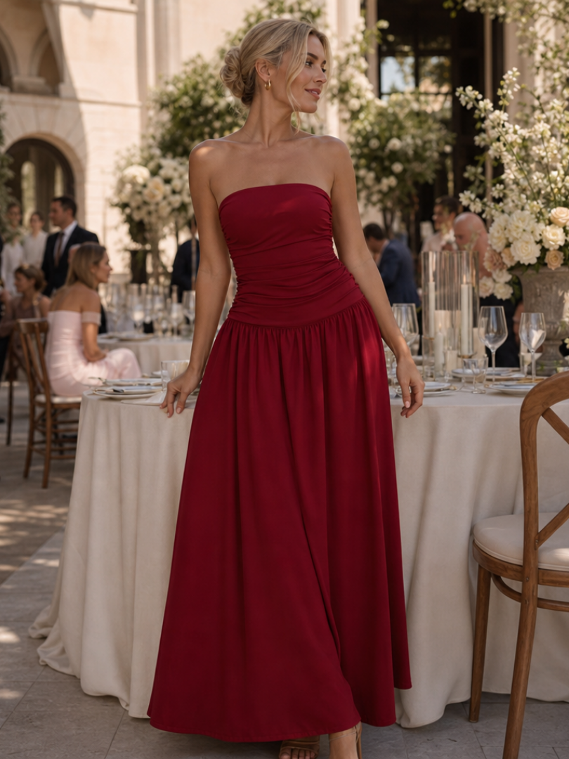 Zelene | Robe midi à corsage froncé sans bretelles
