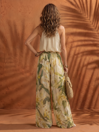 Solange | Ensemble Blouse à Col Halter et Pantalon Large à Fleurs