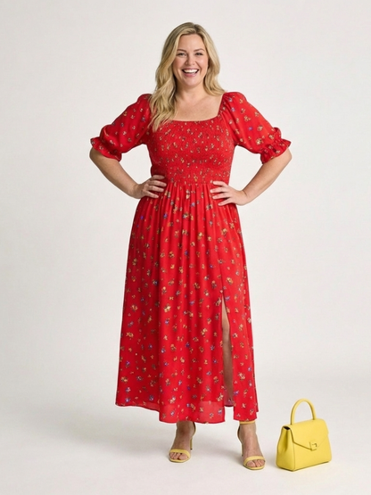 Delphine | Robe Midi à Manches Bouffantes et Décolleté Carré