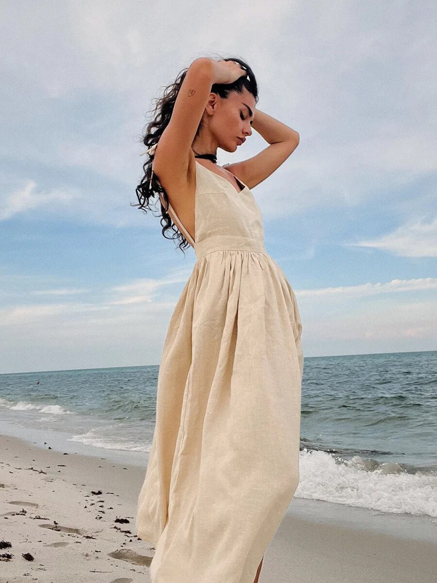Madleine | Robe Longue d'Été en Lin - Dos Nu à Bretelles Spaghetti