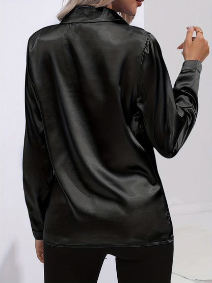 Ardeline | Blouse Satinée Femme Unie Col Revers Boutonnée Manches Longues