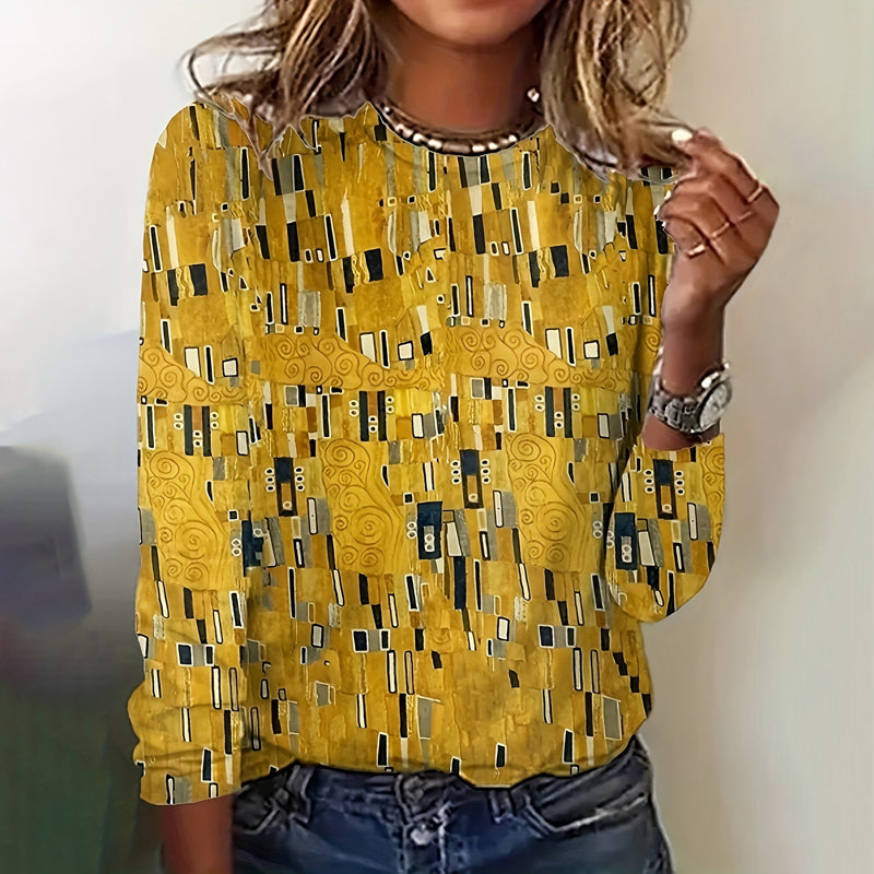 Esclarmonde | Blouse femme à manches longues, col rond et imprimé abstrait vintage jaune