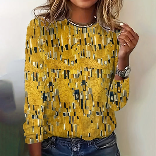 Esclarmonde | Blouse femme à manches longues, col rond et imprimé abstrait vintage jaune
