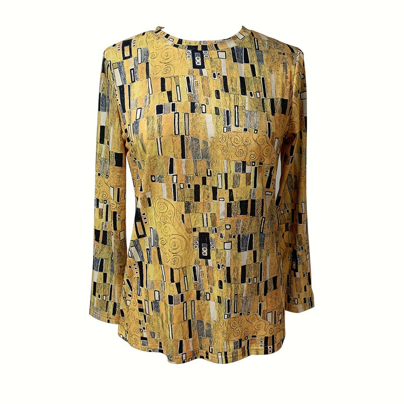 Esclarmonde | Blouse femme à manches longues, col rond et imprimé abstrait vintage jaune