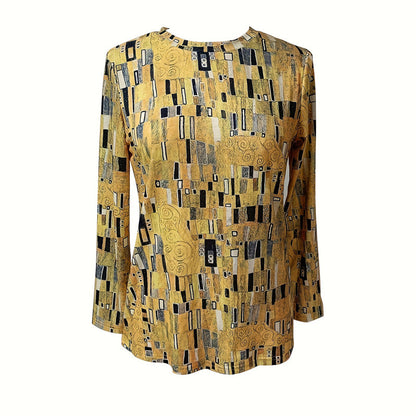 Esclarmonde | Blouse femme à manches longues, col rond et imprimé abstrait vintage jaune