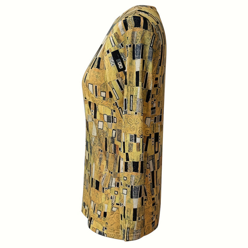 Esclarmonde | Blouse femme à manches longues, col rond et imprimé abstrait vintage jaune