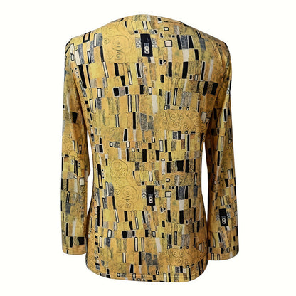 Esclarmonde | Blouse femme à manches longues, col rond et imprimé abstrait vintage jaune