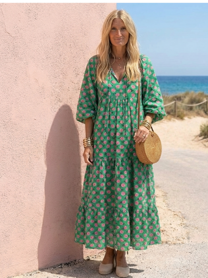 Fiora | Robe midi à volants avec imprimé floral en V