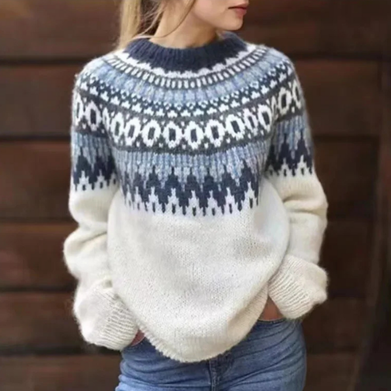 Aiméline | Pull Femme Hiver en Gros Tricot avec Motifs Tribaux & Col Rond