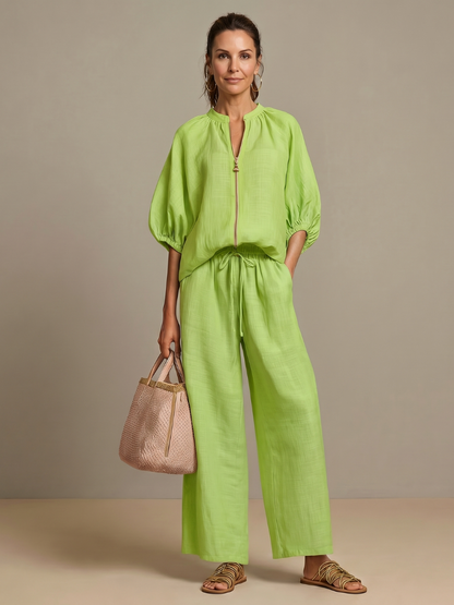 Natalia | Haut Blouson à Zip Avant Ensemble Pantalon Large