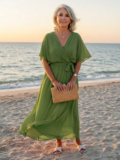 Elysia | Robe Midi Drapée à Encolure en V avec Ceinture