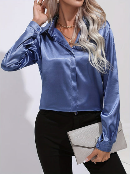 Ardeline | Blouse Satinée Femme Unie Col Revers Boutonnée Manches Longues