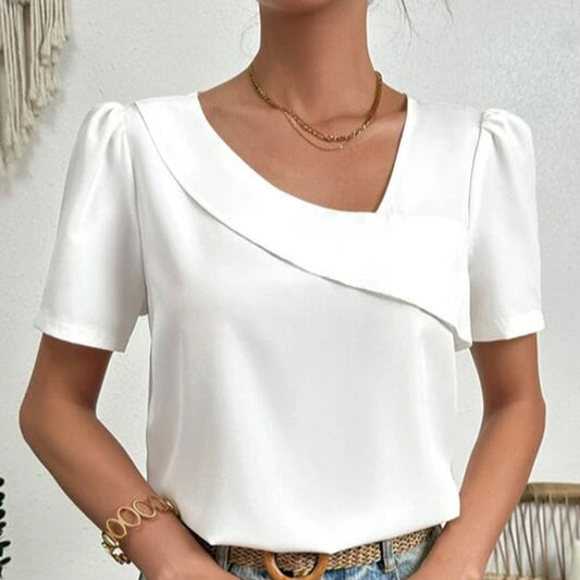 Amandie | Blouse Blanche Asymétrique Femme – Manches Courtes Bouffantes Élégantes pour Look Smart Casual