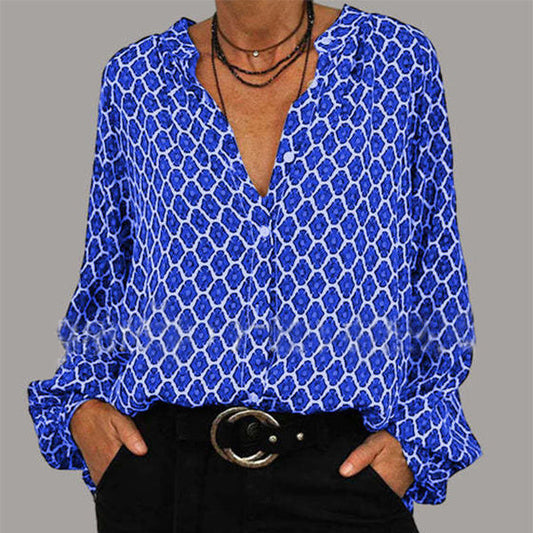 Esthélia | Blouse Femme Manches Longues Col V Motif Géométrique Coupe Ample