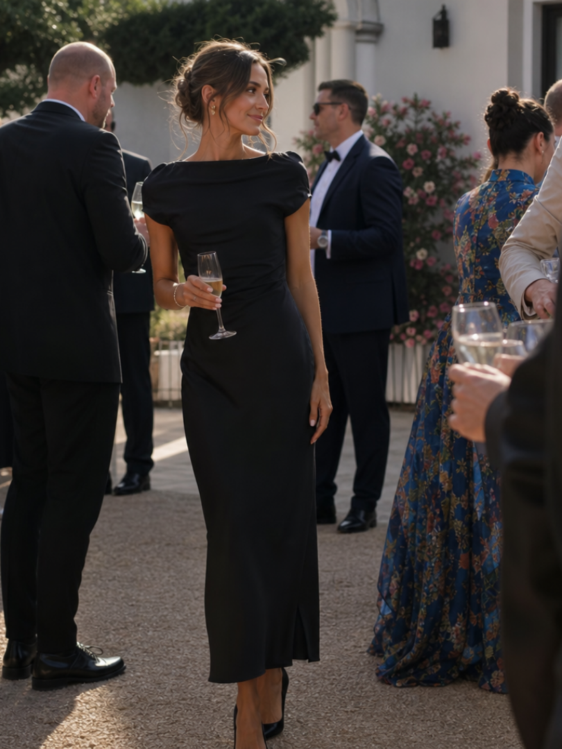 Elure | Robe midi ajustée à manches courtes et encolure bateau