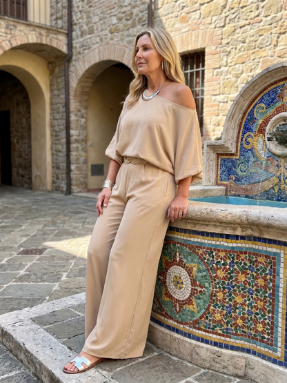 Siomara | Ensemble Top à Épaule Dénudée à Manches Amples et Pantalon à Jambes Larges