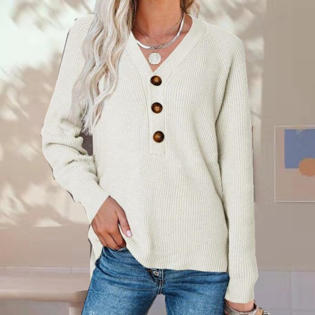 Euphrasie | Pull Femme Décontracté à Col V Boutonné en Maille Unie