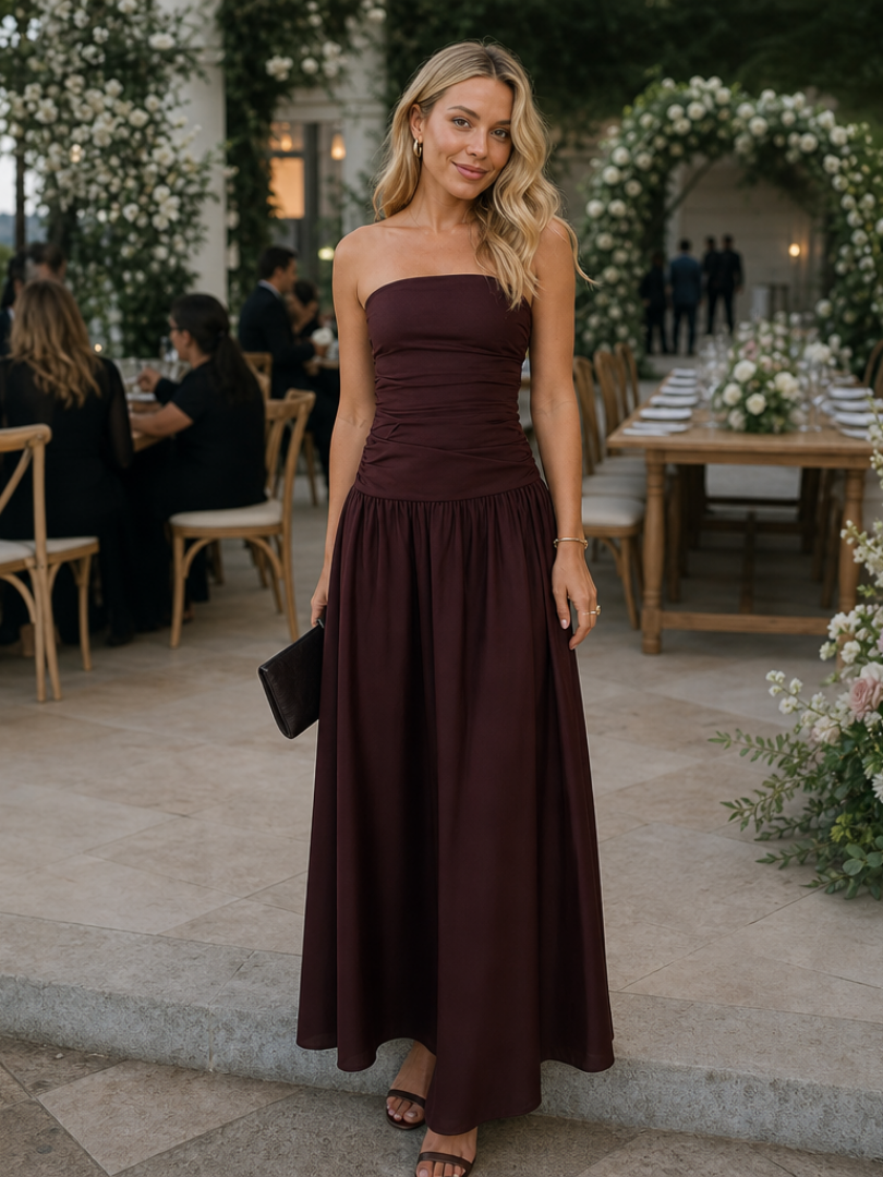 Zelene | Robe midi à corsage froncé sans bretelles