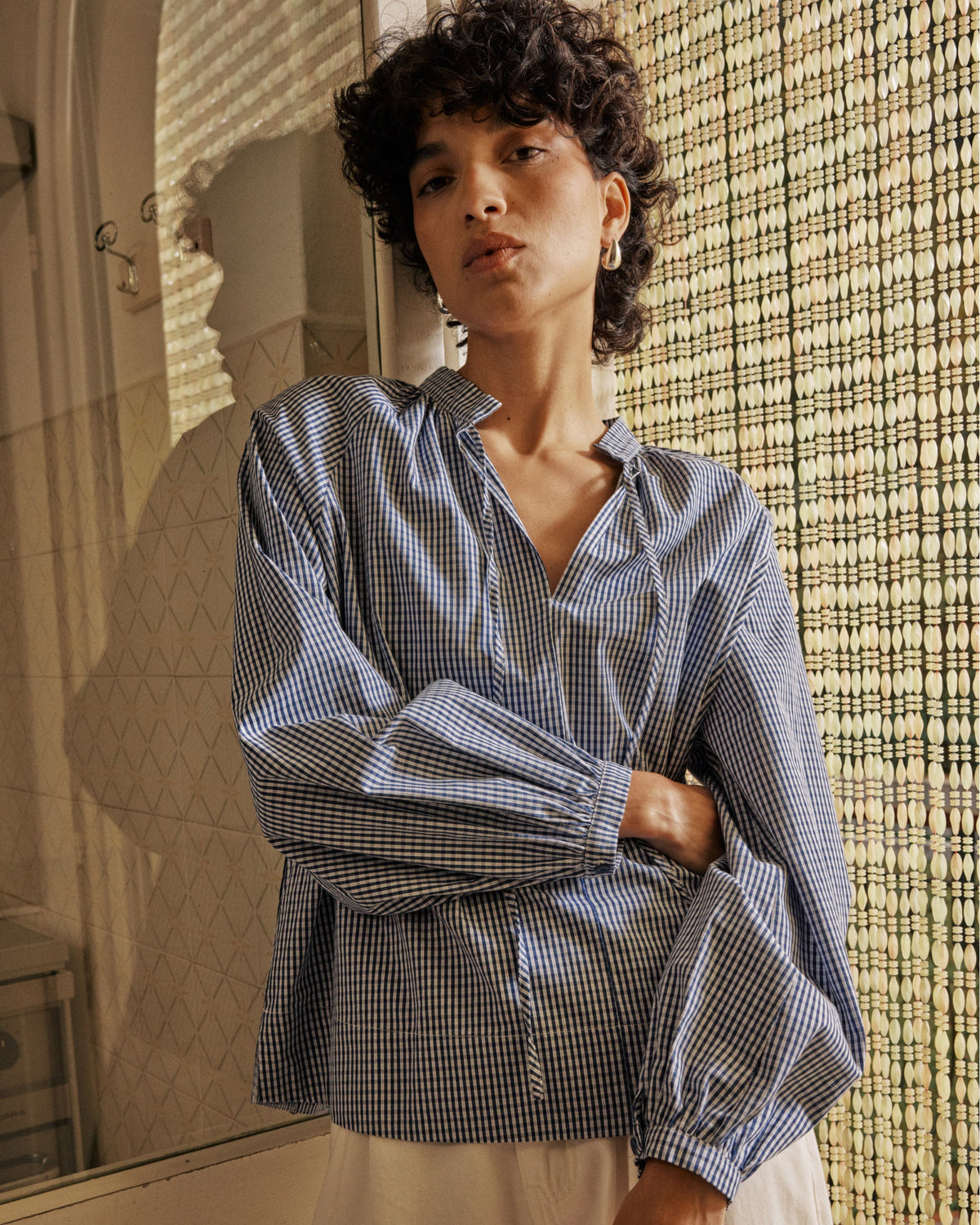 Blouse à carreaux en coton col V oversize marine Varry