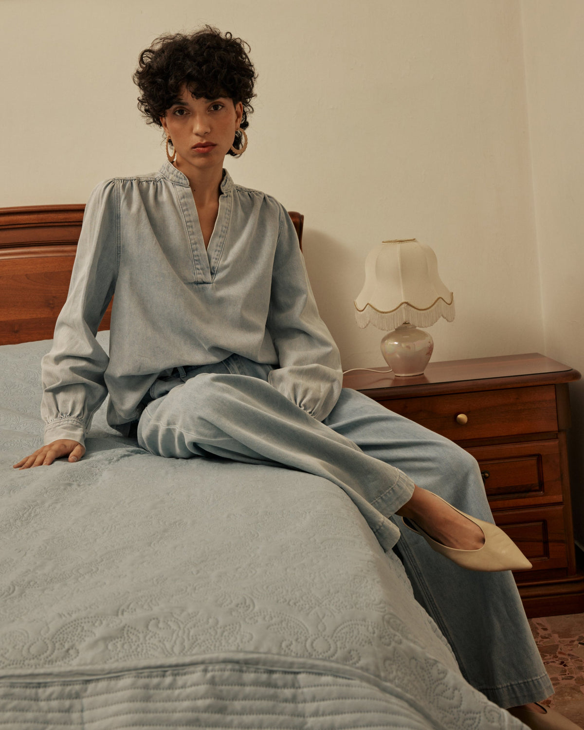 Blouse droite en denim manches longues skyblue Valory