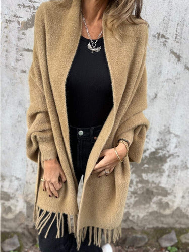 Bathilde – Cardigan Femme Manche Longue avec Franges et Écharpe Tricotée, Élégant et Décontracté