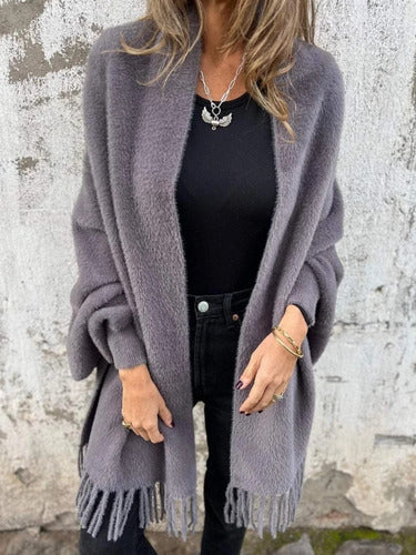 Bathilde – Cardigan Femme Manche Longue avec Franges et Écharpe Tricotée, Élégant et Décontracté