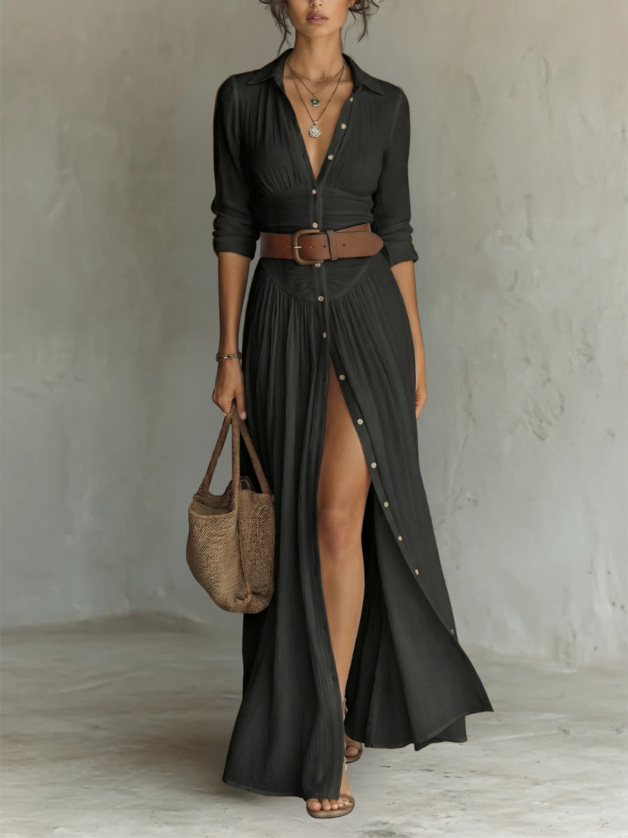 Alma | Robe maxi fluide avec col à revers et manches longues