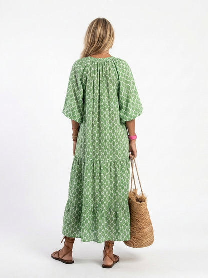 Apolline | Robe midi à manches trois-quarts et décolleté en V à motifs