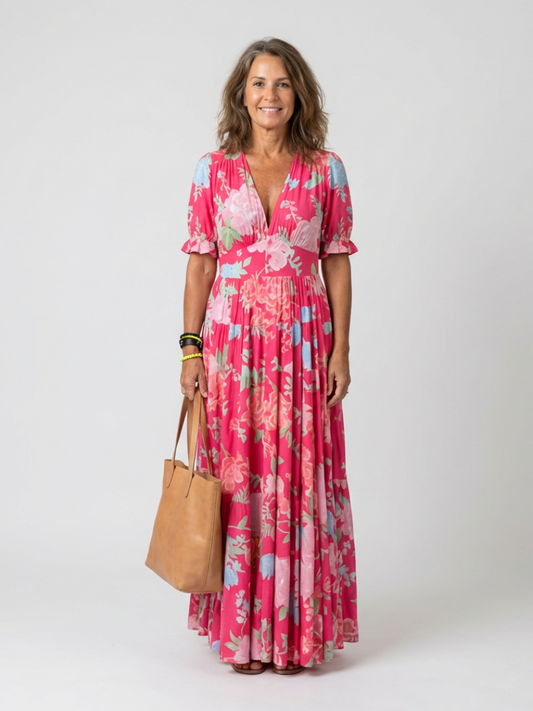 Ione | Robe midi à fleurs à manches courtes et décolleté en V