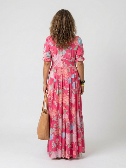 Ione | Robe midi à fleurs à manches courtes et décolleté en V